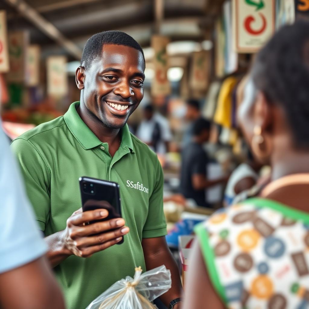 Black African SafeBox agent in green polo holding a smartphone