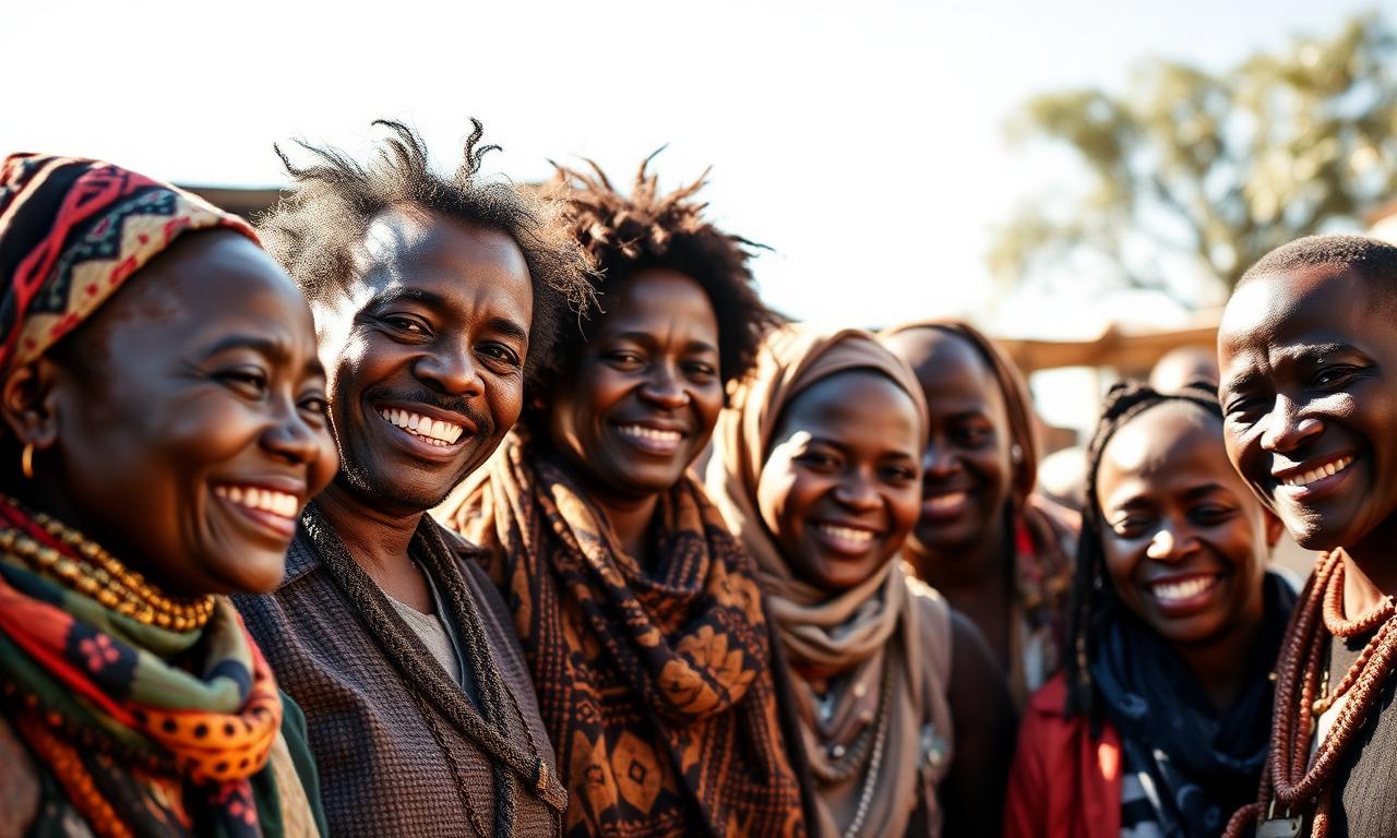 Diverse Black African market community members smiling together