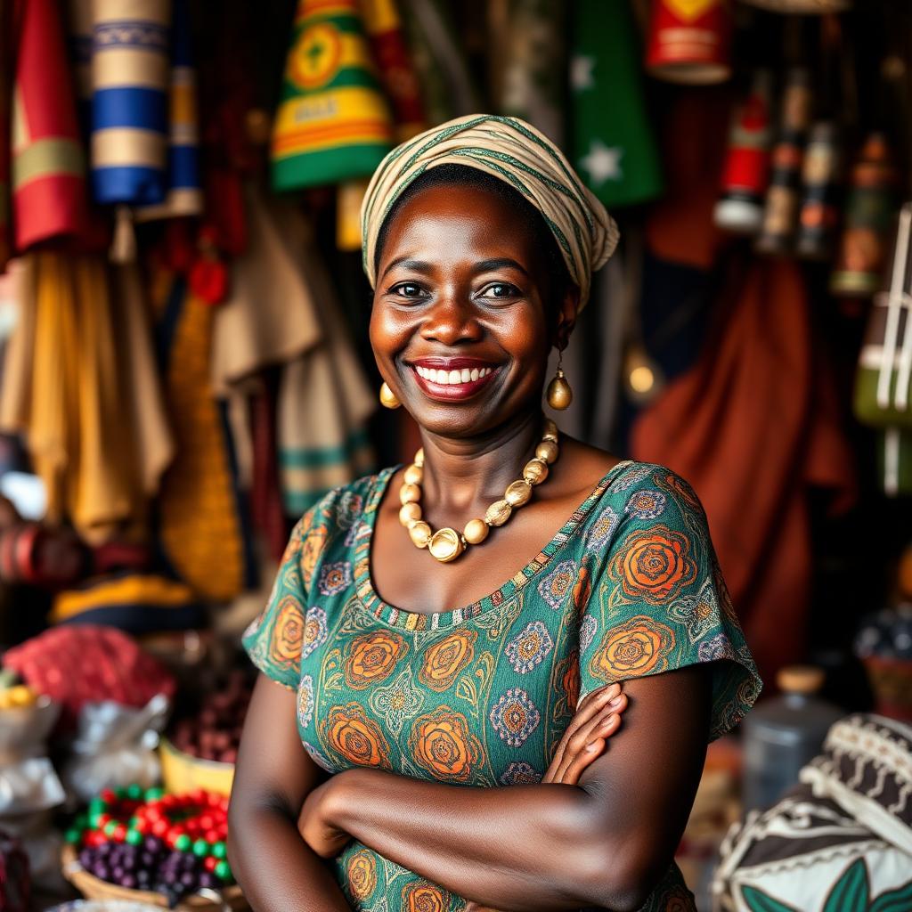 Black African market trader smiling at her stall